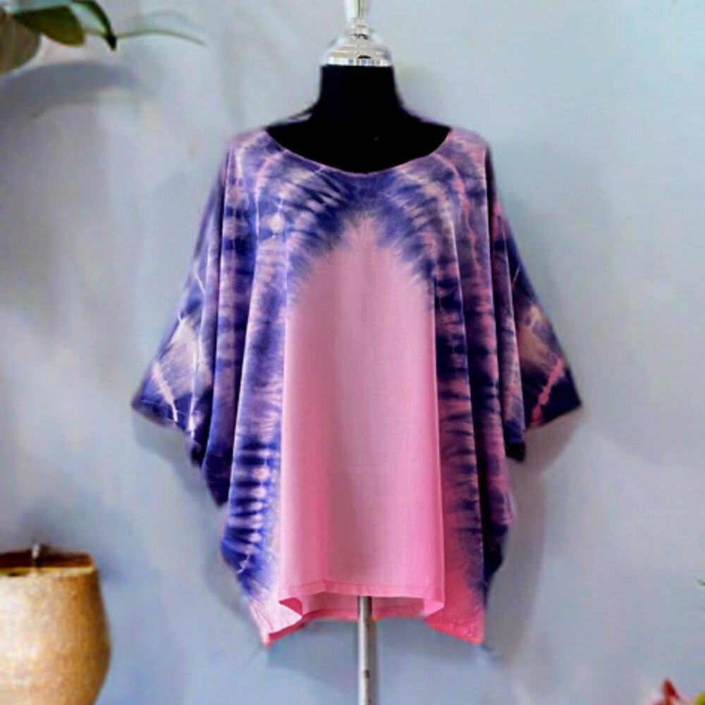 Light Pink Blue Hand Tie Dyed Dolman Sleeve Top Blouse Shirt (#52)